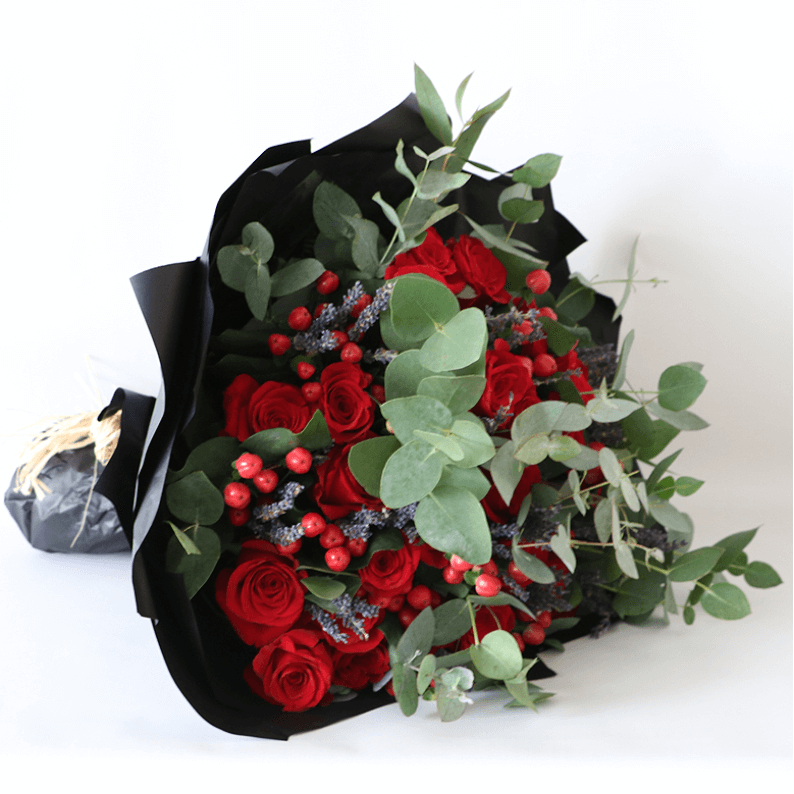 red rose, lavender and hypericum bouquet red roses, lavender, hypericum and eucalyptus bouquet