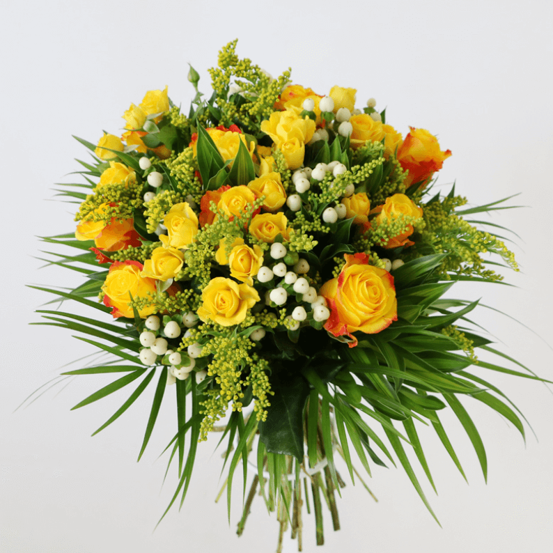 orange and yellow bouquet orange and yellow rose bouquet with wax flower
