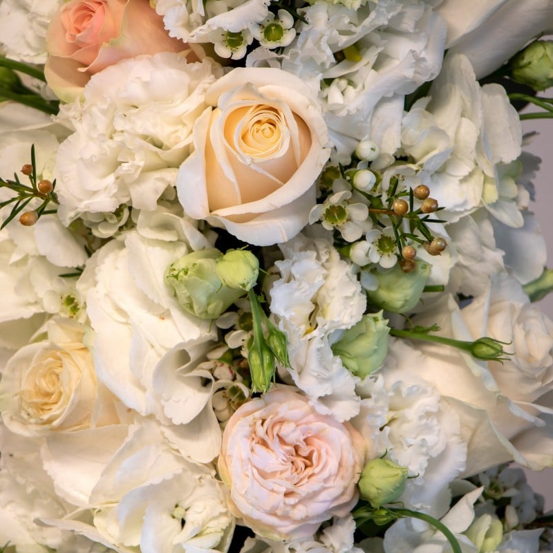 luxury close 2 close up of hydrangea, eustoma, roses and wax flower