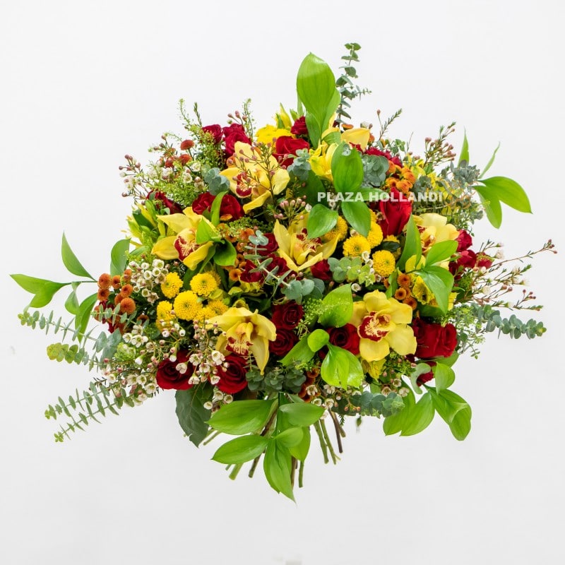 3.3 close up of red roses, yellow cymbidium flowers in a bouquet