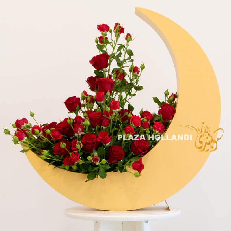 Moon C 1 Red roses, spray roses in a gold crescent moon