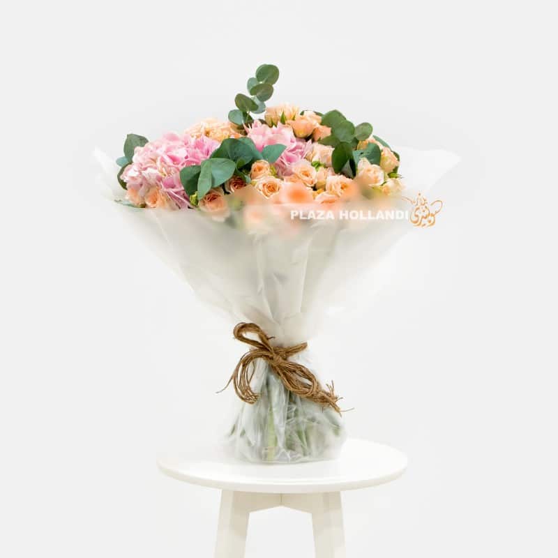 1.2 Bouquet of pink hydrangea, spray roses and eucalyptus