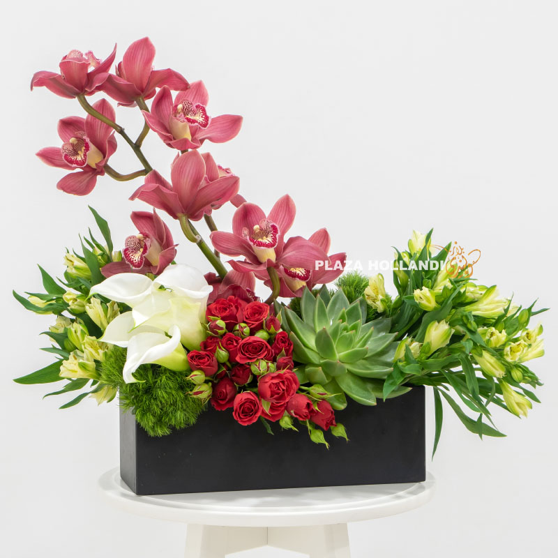 4.3 Black box filled with orchids, eustoma, spray rose and calla lily flowers