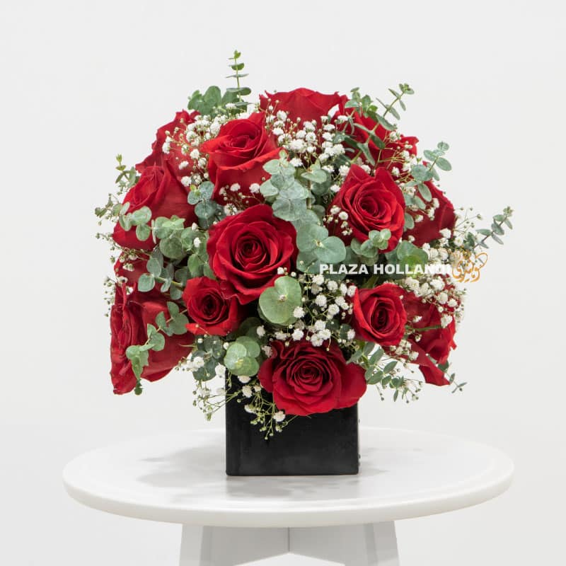 7 Red and white flower arrangement in a black box