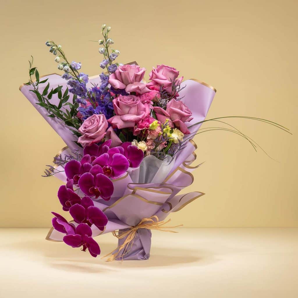 Royal Purple Mist - Roses Phalaenopsis Limonium Delphinium